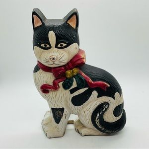 Vintage Cast Iron Doorstop Christmas Black & White Cat Farmhouse Kitchen Taiwan.
